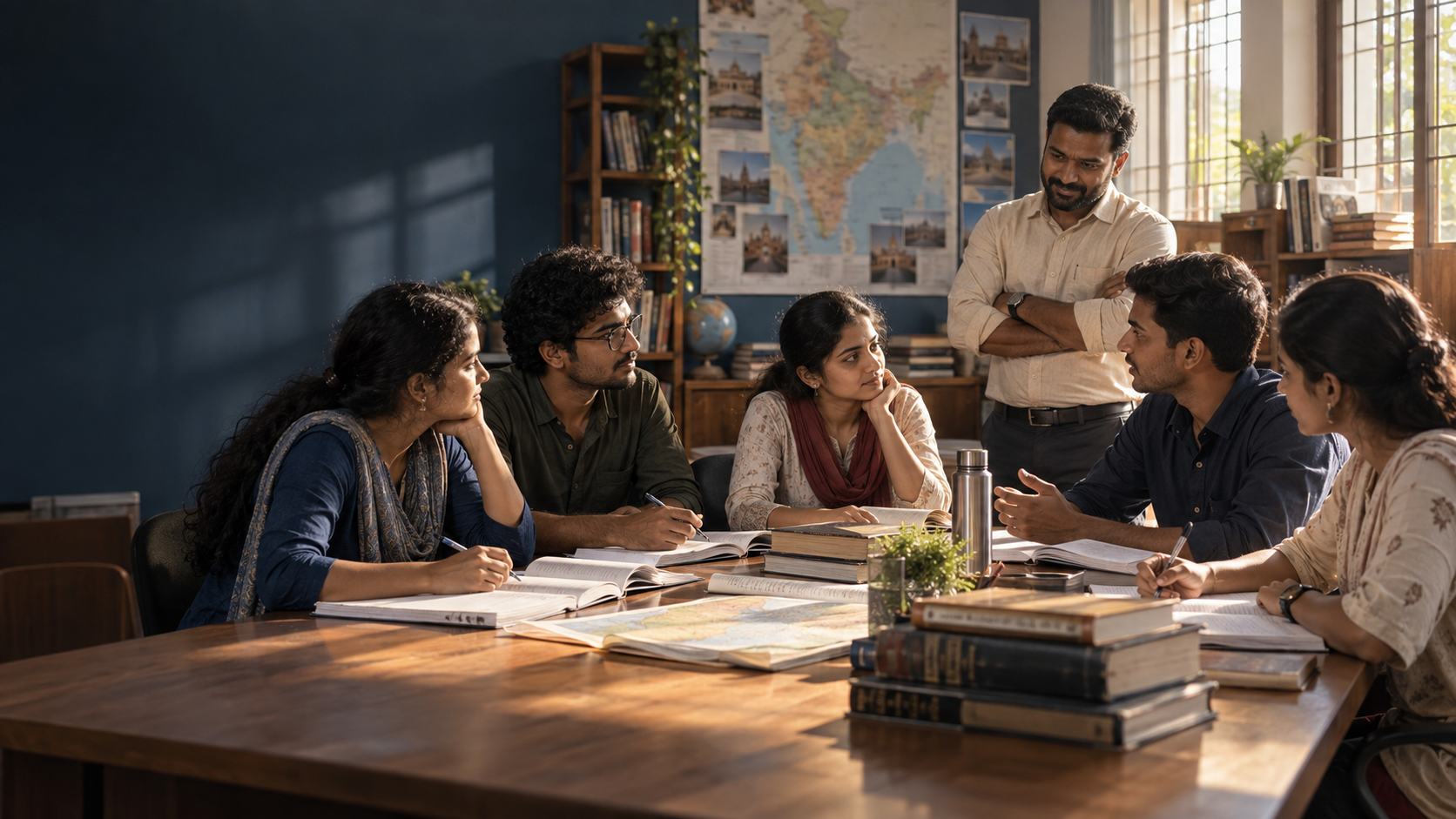 Namma Vetri aspirants studying together with a mentor in an academy classroom